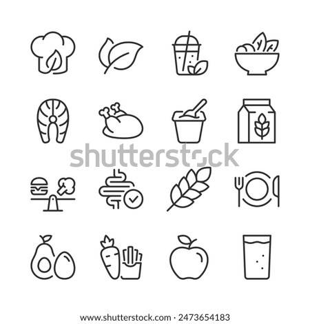 Healthy eating, icon set. Nutritious food choices for healthy lifestyle, Salad, fish steak, chicken, dairy products, plant-based milk, whole grains, keto diet, water, etc. Line with editable stroke