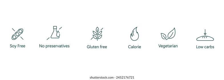 Healthy Eating Icon: Soy-Free, Preservative-Free, Gluten-Free, Low-Calorie, Vegetarian, Low-Carb Vector Design