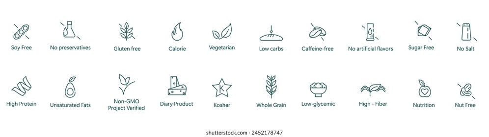 Icono de alimentación saludable: Sin soja, Sin conservantes, Sin gluten, Bajo en calorías, Vegetariano, Diseño de Vector bajo en carbohidratos