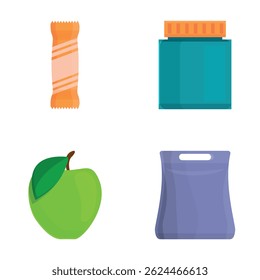 Healthy eating icons set cartoon vector. Sport nutrition and energy drink. Active lifestyle concept