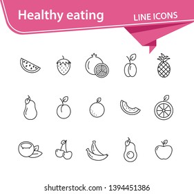 Healthy eating icons. Set of line icons on white background. Pomegranate, pineapple, orange. Fruit concept. Vector illustration can be used for topics like vitamin, food, dieting