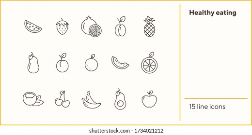 Healthy eating icons. Set of line icons on white background. Pomegranate, pineapple, orange. Fruit concept. Vector illustration can be used for topics like vitamin, food, dieting