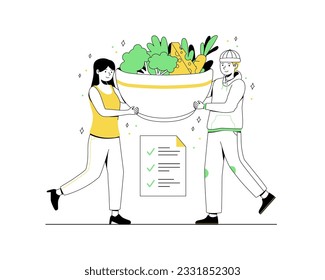 Healthy eating illustration. People planning a diet with fruit and vegetable