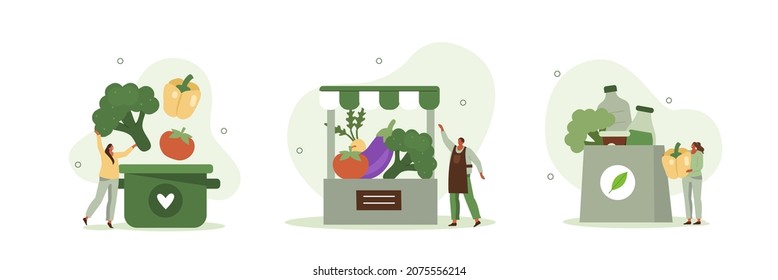 Conjunto de ilustraciones alimenticias saludables. Personaje comprando verduras orgánicas frescas en el mercado de granjeros locales y cocinando comida vegetariana saludable. Concepto de apoyo a la producción local y atención de la salud. Ilustración vectorial.