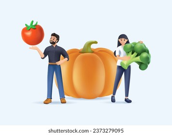 Healthy eating illustration set. Characters cooking fresh salad and other healthy meals from fresh vegetables and fruits. Balanced vegetarian and vegan diet concept. 3D Vector illustration