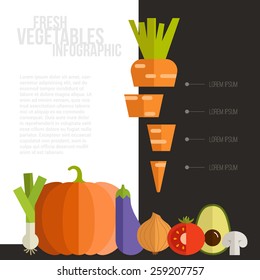 Healthy eating infographic with different vegetables in flat style. Diet and organic food magazine template.  