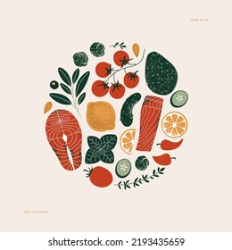 Healthy eating ingredients in circle composition. Salmon and vegetables. Keto food. Tomato and herbs. Vector illustration.