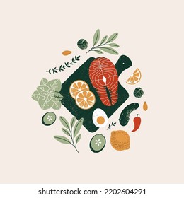 Ingredientes saludables en la pizarra. Salmón y verduras. Comida Keto. Tomate y hierbas. Ilustración vectorial.