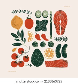 Healthy eating ingredients. Salmon and vegetables. Keto food. Tomato and herbs. Vector illustration.