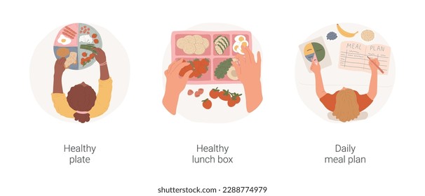 Healthy eating isolated cartoon vector illustration set. Plate with different sections, balanced nutrition, packing healthy lunch box, personalized family meal plan, list of dishes vector cartoon.