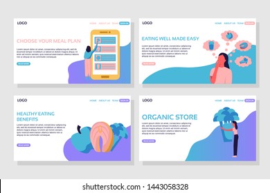 Healthy eating landing page set.  Woman choosing meal plan on giant phone, woman thinking about food, apple, fish and broccoli, woman hugging broccoli web wage. Flat vector illustration.