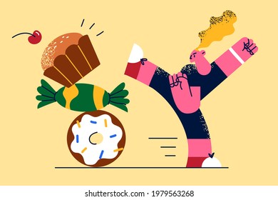 Healthy eating and lifestyle concept. Young fit healthy woman cartoon character standing fighting off fast food with leg kick vector illustration 