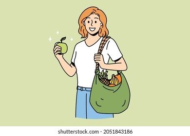 Healthy eating and lifestyle concept. Young smiling woman cartoon character standing with shopping bag full of fresh fruits after market vector illustration 