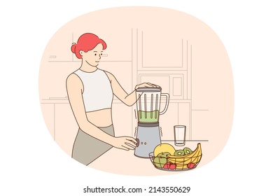 Healthy eating and lifestyle concept. Young smiling slim woman standing and making green smoothies with fresh fruits and veggies in blender in kitchen vector illustration 