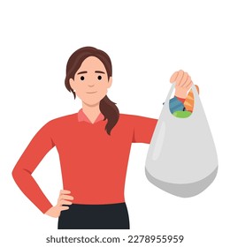 Healthy eating and lifestyle concept. Young smiling woman cartoon character standing with shopping bag . Flat vector illustration isolated on white background