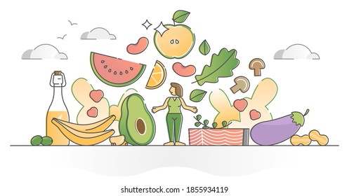 Healthy eating lifestyle with fresh organic food ingredients outline concept. Health diet with raw vegetables, greens, legumes, fruits and fishes vector illustration. Good fats and vitamins balance.