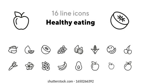 Healthy eating line icon set. Set of line icon on white background. Grocery concept. Apple, avocado, banana. Vector illustration can be used for topics like diet, fitness, grocery store