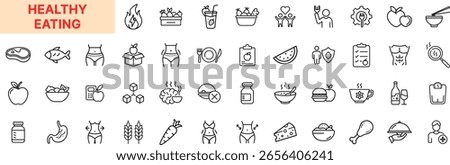 Healthy Eating Line Icon Set Featuring Salad Bowl, Apple, Fish, Carrot, Watermelon, Nutrition Plan, Weight Scale, Yogurt, Meal Prep, Body Goals, Juice, Protein, and Balanced Diet Icon Design