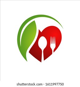 healthy eating logo design silhoutte of heart spoon fork and leaves icon vector illustration