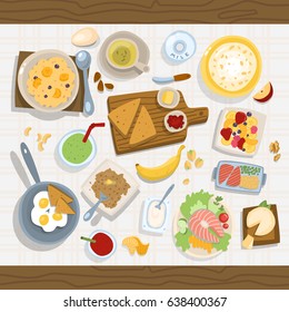 Healthy eating meal concept with fresh salad bowls on kitchen wooden worktop top view vector illustration