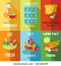 Healthy eating mini poster set with water drinks wholemeal bread and nuts isolated vector illustration