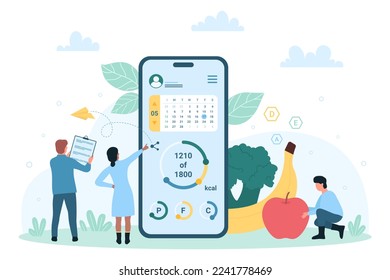 Healthy eating mobile app vector illustration. Cartoon tiny people count calories in food using online app in phone for weight loss, quality analysis tracking for organic products and diet dishes