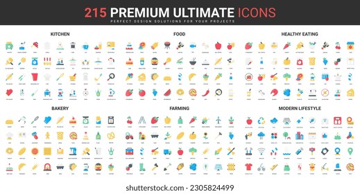 Healthy eating, modern lifestyle, kitchen and bakery equipment color flat icons set vector illustration. Abstract symbols of agriculture farming, organic food simple design for mobile and web apps