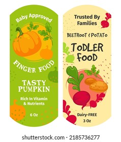 Healthy eating and nourishment for toddler kids. Trusted by families, beetroot potato, tasty pumpkin ingredients from farm. Organic and natural meal, rich in vitamins, labels. Vector in flat style