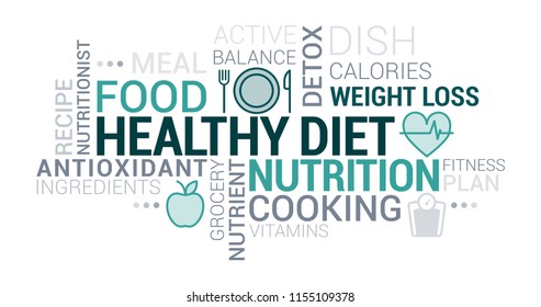 Healthy eating, nutrition and diet tag cloud with icons and concepts