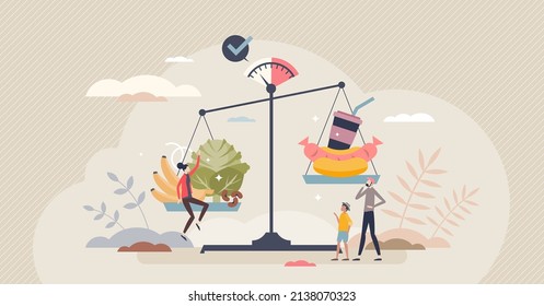 Healthy eating on weights compared with junk food tiny person concept. Nutrient meal with vegetables, fruits and vitamin greens as better choice than fast carbs, snacks and sweets vector illustration.