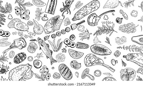 Healthy eating. Organic food illustration. Healthy food frame vector illustration. Vegetables, fruits and meat. Hand drawn sketch.