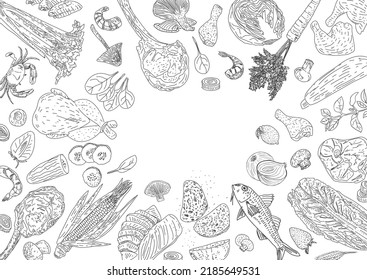 Healthy eating. Organic food illustration. Healthy food frame vector illustration. Vegetables, fruits and meat. Hand drawn sketch.