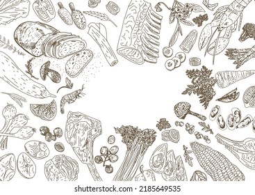 Healthy eating. Organic food illustration. Healthy food frame vector illustration. Vegetables, fruits and meat. Hand drawn sketch.