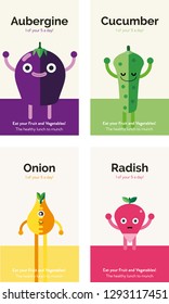 A healthy eating poster of different fruit and vegetable characters. Vector flat illustration.