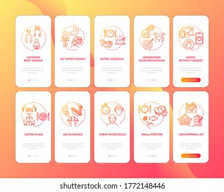 Healthy eating practice onboarding mobile app page screen with concepts set. Eating schedule and place walkthrough 5 steps graphic instructions. UI vector template with RGB color illustrations