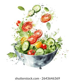 Comendo saudável salada tigela prato vetor ilustração. Salada estilo aquarela com tomate, pepino, salsa e manjericão. Tigela azul com padrão floral.