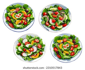 Colección vectorial de platillos de ensalada saludable. Ilustración de estilo acuarela. Ensaladas con espinacas, tomate, huevos, mozzarella