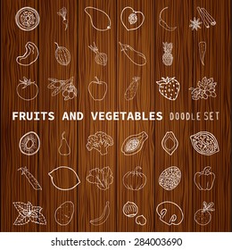 Healthy eating set of 36 elements. Background texture of wood. Set can be used for your business a cafe, a restaurant, a health food store