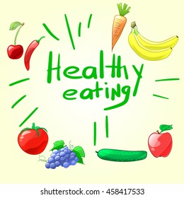 Healthy eating. Set of colorful cartoon fruits and vegetables.  Vector illustration