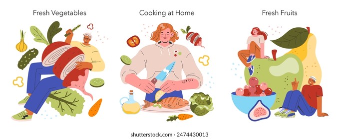 Healthy Eating set. Illustration of people with fresh vegetables, cooking at home, and enjoying fruits. Lifestyle choice, wholesome nutrition habits. Vector illustration.