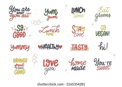 Healthy eating slogans handwritten lettering set. Food preparation calligraphic quotes. Kids tasty meal positive ink calligraphy. Kids kitchen, cafe, kinder garden vector hand drawn elements