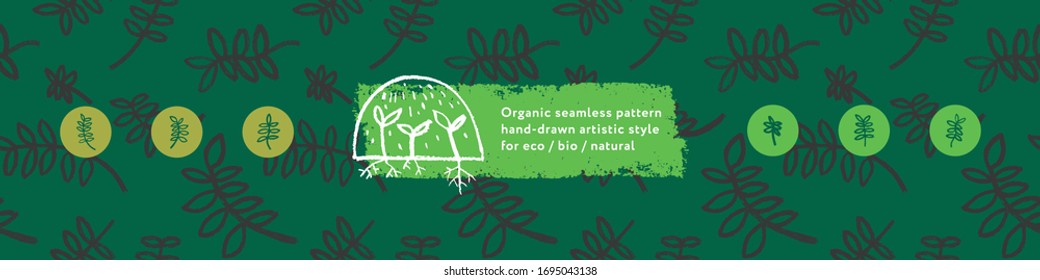 Healthy eating symbols. Vegetal pattern for banner design with hand-drawn green icons.  Herbs emblems. Vector floral silhouettes for Eat healthy concept and organic farming, healthy food label.