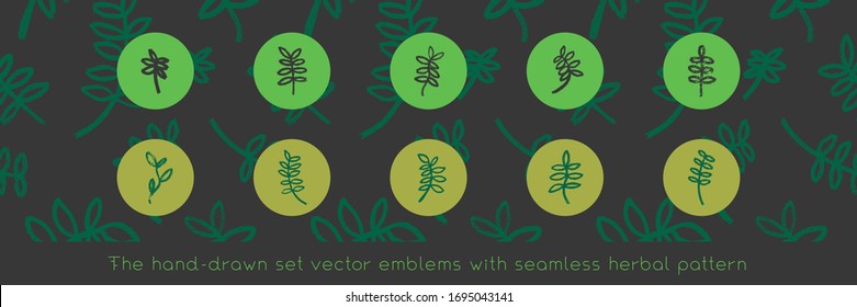 Healthy eating symbols. Vegetal pattern for banner design with hand-drawn green icons.  Herbs emblems. Vector floral silhouettes for Eat healthy concept and organic farming, healthy food label.