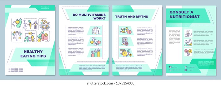 Healthy eating tips brochure template. Consult a nutritionist. Flyer, booklet, leaflet print, cover design with linear icons. Vector layouts for magazines, annual reports, advertising posters