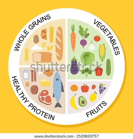 Healthy eating tips. Infographic chart of food balance with proper nutrition proportions. Plan your meal. Healthy balanced food and dieting concept.