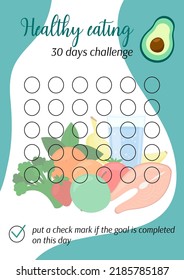 Healthy eating tracker. Nutrition personal 30 days challenge printable template. Healthy food diet habits tracker blank. Vector illustration of paper sheet for marking progress in month. 