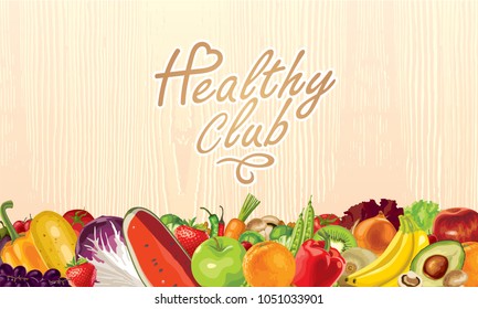 Healthy eating / Varieity of fruits and vegetables / Organic food background / Vector different fruits and vegetables isolated wooden background.