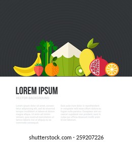 Healthy eating vector concept with flat fruits, vegetables and copyspace. Diet and organic food template. Great for healthy magazines, cooking web sites and restaurant newsletters. 