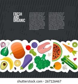 Healthy eating vector concept with flat fruits, vegetables and copyspace. Diet and organic food template. Great for healthy magazines, cooking web sites and restaurant newsletters. 