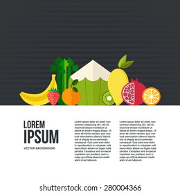 Healthy eating vector concept with flat fruits, vegetables and copyspace. Diet and organic food template. Great for healthy magazines, cooking web sites and restaurant newsletters.